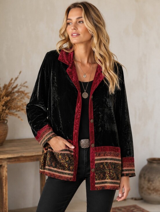Coldwater Creek Jackets & Blazers - VINTAGE Coldwater Creek Jacket Women's Medium Black Velvet Patchwork Boho Gothic